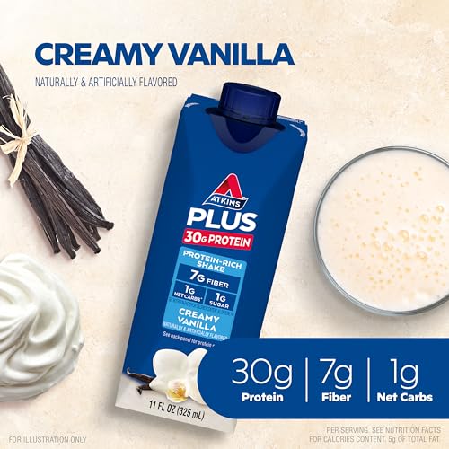 Atkins Creamy Vanilla PLUS Protein Shake, 30g Protein, 7g Fiber, 1g Net Carb, 1g Sugar, Keto Friendly, Low Carb, High Protein Drink, 12 Count