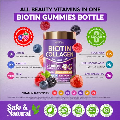 Biotin 10000 mcg Gummies | Collagen | Keratin | Hyaluronic Acid | B-Complex | Saw Palmetto - Hair Health Support, Skin & Nails Strength - Sugar-free Berry Flavor - for Women & Men - Vegan, 60 Gummies