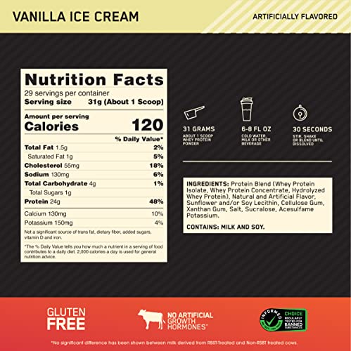 Optimum Nutrition Gold Standard 100% Whey Protein Powder, Vanilla Ice Cream, 2 Pound (Pack of 1) (Packaging May Vary)