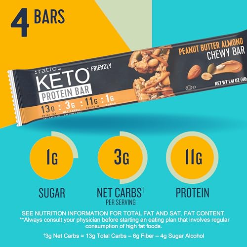 Ratio Chewy Protein Bar, Peanut Butter Almond, 11g Protein, Keto Friendly, 5.6 OZ (4 Bars)