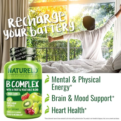 NATURELO Vitamin B Complex with Methyl B12, Methyl Folate, Vitamin B6, Biotin Plus Choline, CoQ10, and Fruit & Vegetable Blend - Supports Energy & Healthy Stress Response - Vegan - 120 Capsules