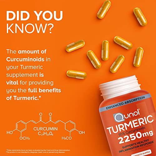 Qunol Turmeric Curcumin with Black Pepper, 2250mg Turmeric Extract with 95% Curcuminoids, Extra Strength Turmeric Supplement, Enhanced Absorption, Joint Support Supplement, 90 Vegetarian Capsules