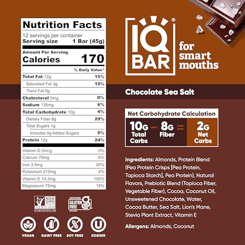 IQBAR Brain and Body Plant Protein Bars - Chocolate Sea Salt - 12 Count, Low Carb, High Fiber, Gluten Free, Vegan Snacks - Low Sugar Keto Energy Bar