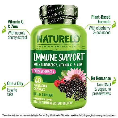 NATURELO Immune Support – Vitamin C, Elderberry, Zinc, Echinacea – Natural Immunity Boost w/Antioxidant, Herbal & Mineral Defense - 60 Vegan Capsules