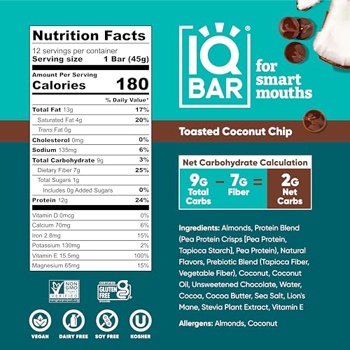 IQBAR Brain and Body Plant Protein Bars - Toasted Coconut Chip - 12 Count, Low Carb, High Fiber, Gluten Free, Vegan Snacks - Low Sugar Keto Energy Bar