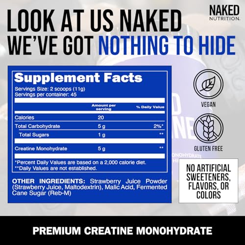 NAKED Creatine - Strawberry Flavored Creatine Monohydrate - Real Strawberry Powder, Nothing Artificial, Muscle Growth, Vegan, Non-GMO, Gluten Free, Soy Free - 45 Servings