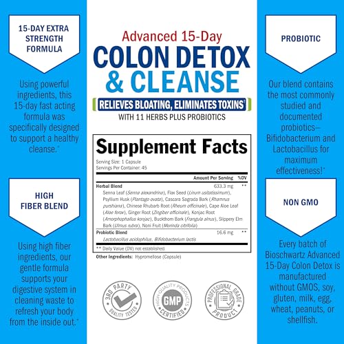 Colon Cleanser and Detox for Digestive Support - 15 Day Fast-Acting Extra Strength Cleanse with Probiotic Fiber, Psyllium Husk and Noni for Constipation Relief and Bloating Support, Non-GMO, 45 Count