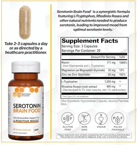 NATURAL STACKS Serotonin Brain Food w/L-Tryptophan & Rhodiola Rosea - Mood Support Supplement - Promotes Positive Mood, Calmness, Stress Relief - Happy Mood & Brain Support Supplement - 60 Capsules