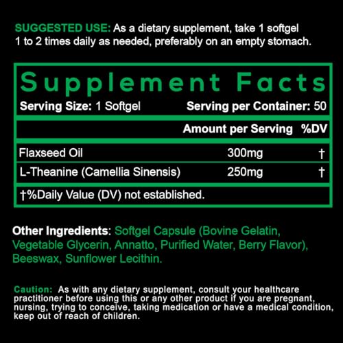 Smarter L-Theanine 250mg Supplement for, Relaxation, Mood & Alertness Support, in Non-GMO Flaxseed Oil, 50 Liquid Softgels