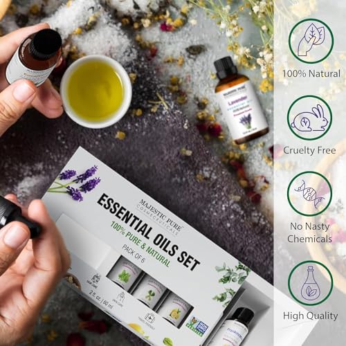 Majestic Pure 100% Pure Essential Oils Set - 6 x 10ml (Peppermint, Lavender, Eucalyptus, Tea Tree, Lemongrass) For Diffusers, Aromatherapy, Candles, Humidifiers