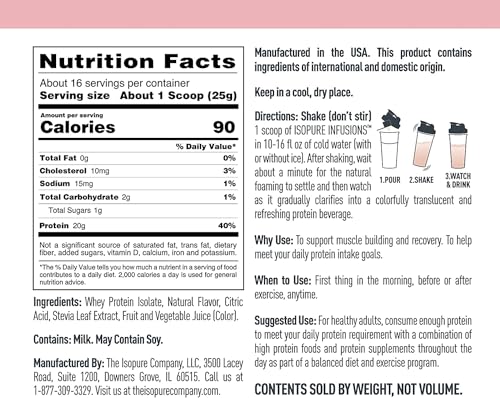 Isopure Protein Powder, Clear Whey Isolate Protein, Post Workout Recovery Drink Mix, Gluten Free with Zero Added Sugar, Infusions- Watermelon Lime, 16 Servings