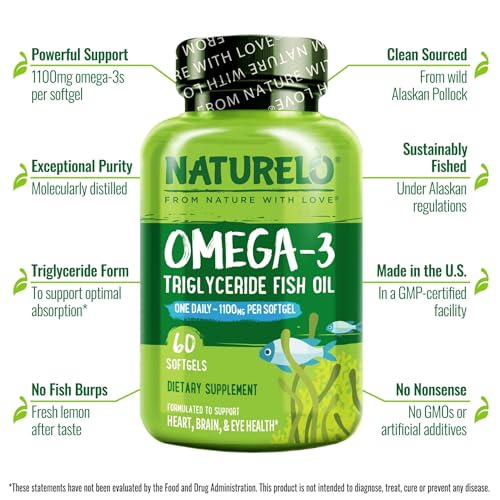 NATURELO Burpless Omega 3 Fish Oil Supplement - 1100mg Triglyceride Omega-3, EPA + DHA, Liquid Fish Oil Omega 3 for Heart, Eye, Brain, Joint Health - 60 Softgels, 2 Months Supply