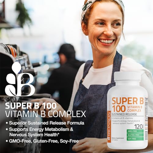 Bronson Super B 100 Vitamin B Complex Sustained Release Contains All B Vitamins (Vitamin B1, B2, B3, B6, B9 - Folic Acid, B12) Supports Energy Metabolism & Nervous System Health, Non-GMO, 250 Tablets