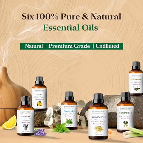 Majestic Pure 100% Pure Essential Oils Set - 6 x 10ml (Peppermint, Lavender, Eucalyptus, Tea Tree, Lemongrass) For Diffusers, Aromatherapy, Candles, Humidifiers