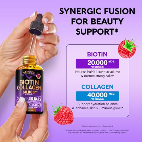 Liquid Biotin & Collagen - Vitamins for Hair Growth Support for Women & Men - Extra Strength 60000 mcg Drops - B7 Supplement - Strong Nails & Healthy Skin - 98% Faster Absorption Than Pills