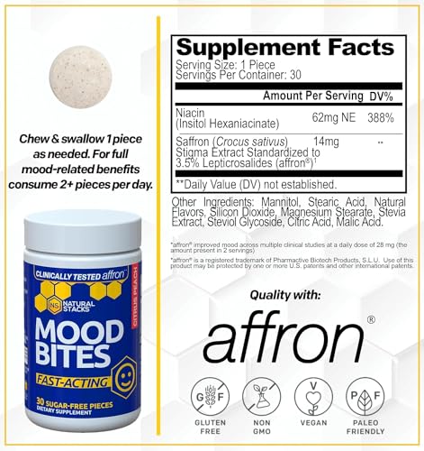 Natural Stacks Mood Bites for Mental Wellness & Less Stress - Clinically Tested Saffron Supplement - Vitamin B3 Niacin - Fast Acting & Absorption - Improves Mood Over Time - 30 Citrus Peach Chewables*