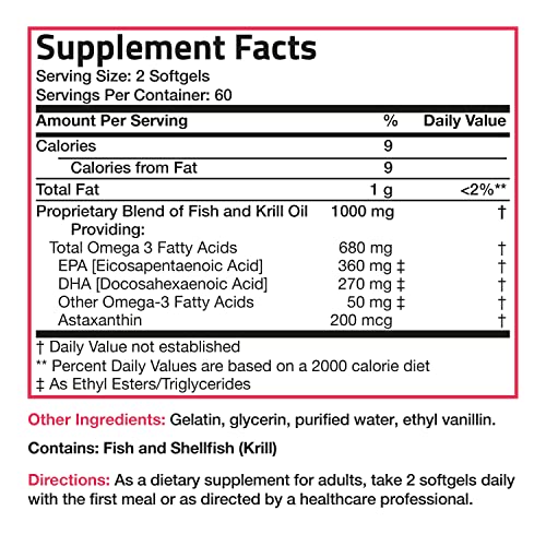 Bronson Omega-3 Fish + Krill Oil 1000 MG EPA DHA Astaxanthin Premium Blend - Joint, Brain & Eye Health - Non GMO, Heavy Metal Tested, 120 Softgels