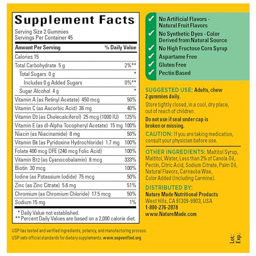 Nature Made Zero Sugar Multivitamin Gummies, Daily Nutritional Support Vitamin Supplements, 90 Sugar Free Gummies, 45 Day Supply