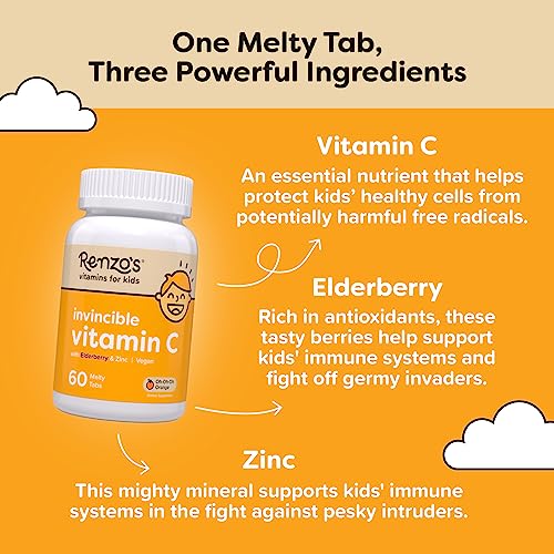 Renzo's Invincible Vitamin C for Kids with Elderberry & Zinc - Dissolvable Kids Vitamins for Immune Support - 60 Orange-Flavored Melty Tabs