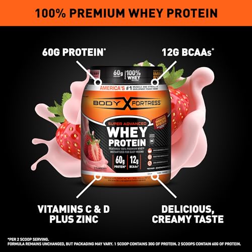 Body Fortress Super Advanced Whey Protein Powder, Strawberry, 60g Protein & 12g BCAAs Per 2 Scoops, Muscle Gain & Recovery, Immune Support with Vitamins C & D, 1.78lb (Packaging May Vary)