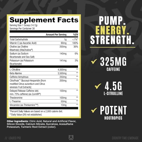 Ryse Loaded Pre Workout Powder Supplement for Men & Women | Pumps, Energy, Focus | Beta Alanine + Citrulline | 325mg Caffeine | 30 Servings (Country Time Lemonade)