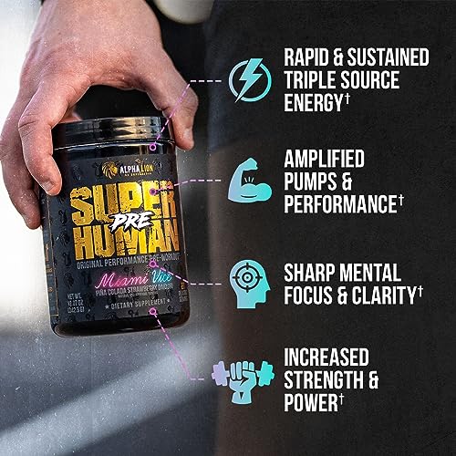 ALPHA LION Superhuman Pre Workout Powder, Beta Alanine, L-Taurine & Tri-Source Caffeine for Sustained Energy & Focus, Nitric Oxide & Citrulline for Pump (21 Servings, Miami Vice)