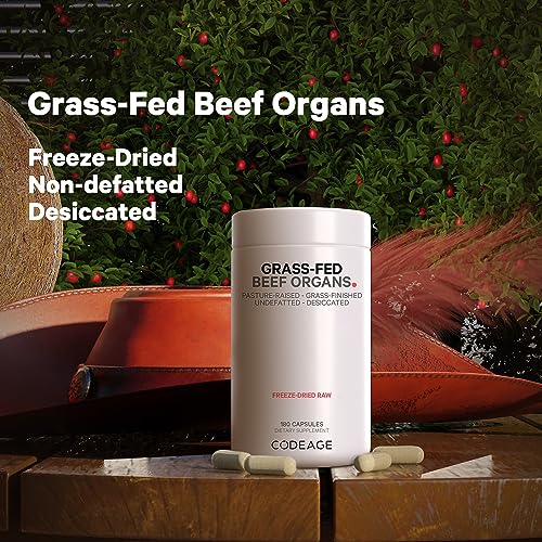 Codeage Grass Fed Beef Organs Supplement – Glandulars Supplements - Freeze Dried, Non-Defatted, Desiccated Liver, Heart, Kidney, Pancreas & Spleen Bovine Pills – Beef Vitamins - Non-GMO -180 Capsules