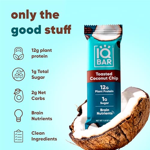 IQBAR Brain and Body Plant Protein Bars - Toasted Coconut Chip - 12 Count, Low Carb, High Fiber, Gluten Free, Vegan Snacks - Low Sugar Keto Energy Bar