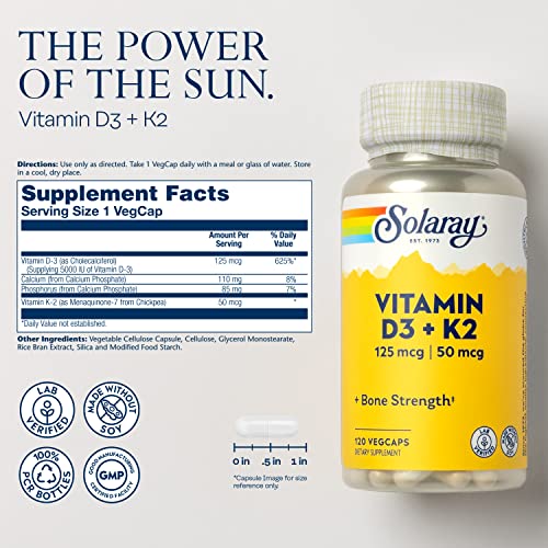 SOLARAY Vitamin D3 K2 - Bone Health and Immune Support Supplement - With 5000 IU Vitamin D as Vit D3 and 50 mcg Vitamin K2 as Menoquinone MK7, Made Without Soy, 60-Day Guarantee, 120 Serv, 120 VegCaps