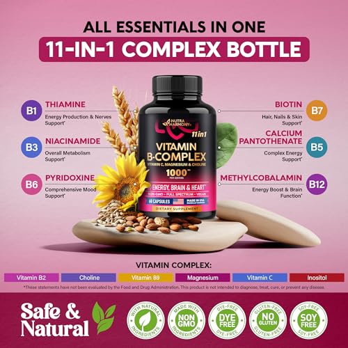 Vitamin B Complex for Men & Women - Made in USA - 11-in-1 B-Complex: B1, B2, B3, B5, B6, B7, B8, B9, B12 with Vitamin C, Choline, Inositol - Energy, Brain & Heart Support Supplement, 60 Vegan Capsules