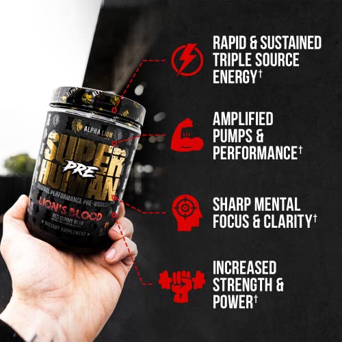 ALPHA LION Pre Workout Powder, Beta Alanine, L-Taurine & Tri-Source Caffeine for Sustained Energy & Focus, Nitric Oxide & Citrulline for Pump (21 Servings, Lion's Blood Flavor), Pack of 1