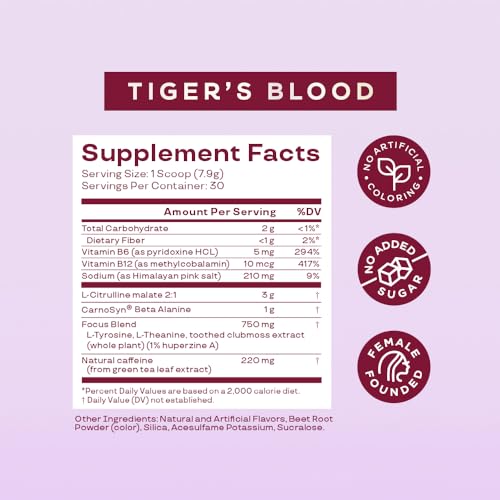 Bloom Nutrition Pre Workout Powder for Women by Leana Deeb - Preworkout Focus Blend with Amino Acids, Beta Alanine, Ginseng, L-Tyrosine & Natural Caffeine - Sugar Free & Keto Drink Mix (Tiger's Blood)