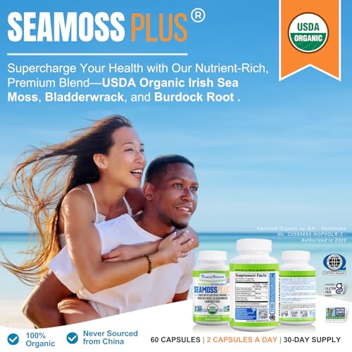 Power By Naturals Sea Moss Plus - USDA Certified Organic Wildcrafted Irish Seamoss, Bladderwrack & Burdock Root, Supplement for Immunity, 60Ct, 2 Pack