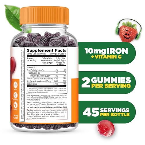 Iron Supplements for Kids | 10mg | with Vitamin C | Great Tasting Iron Gummies for Kids | Vegan Non GMO Kids Iron | for Immune Health and Iron Deficiency | 90 Gummies