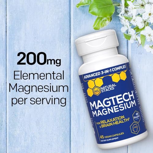 Natural Stacks MagTech Magnesium Supplement - Chelated Magnesium Complex - 3 Forms of Magnesium: Magtein Magnesium L-Threonate, Glycinate & Taurate - Supports Relaxation & Brain Health, 45 Capsules