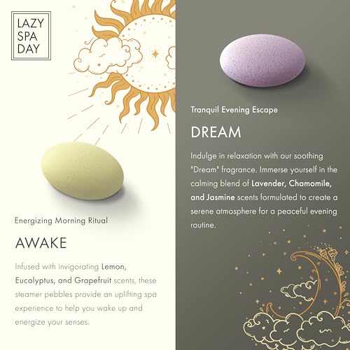 Energize with Awake: Lavender, Chamomile, Jasmine. Relax with Dream: Lemon, Eucalyptus, Grapefruit. 10-Piece Shower Steamer and Shower Bombs Aromatherapy Gift Set with Burlap Bag