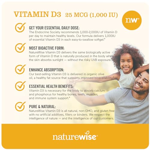 NatureWise Vitamin D3 1000iu (25 mcg) Healthy Muscle Function, and Immune Support, Non-GMO, Gluten Free in Cold-Pressed Olive Oil, Packaging Vary ( Mini Softgel), 360 Count