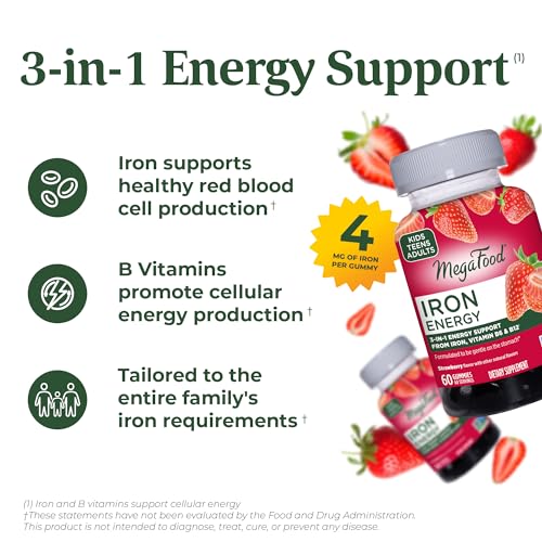 MegaFood Iron Energy Gummies - Vegan & Gluten-Free Iron Supplement for Women, Men, Teens & Kids with Vitamin B12 & B6, from The Makers of Blood Builder Iron Supplement, Strawberry Flavor - 60 Gummies