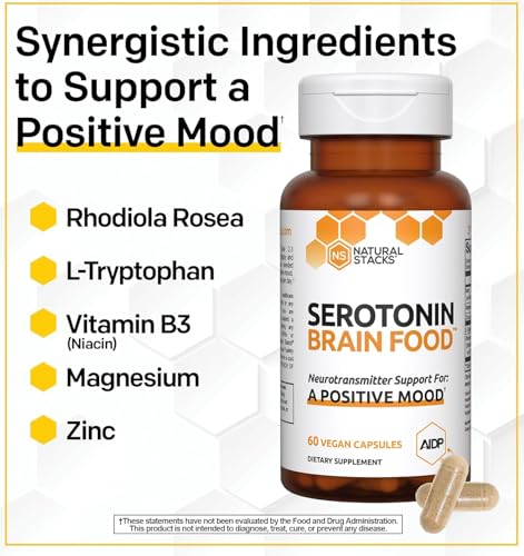 NATURAL STACKS Serotonin Brain Food w/L-Tryptophan & Rhodiola Rosea - Mood Support Supplement - Promotes Positive Mood, Calmness, Stress Relief - Happy Mood & Brain Support Supplement - 60 Capsules