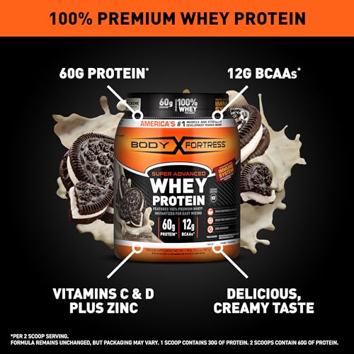 Body Fortress Super Advanced Whey Protein Powder, Cookies N’ Creme, 60g Protein & 12g BCAAs Per 2 Scoops, Muscle Gain & Recovery, Immune Support with Vitamins C & D, 1.78lbs (Packaging May Vary)