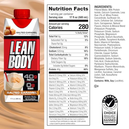 Lean Body Ready-to-Drink Salted Caramel Protein Shake, 40g Protein, Whey Blend, 0 Sugar, Gluten Free, 22 Vitamins & Minerals, 17 Fl Oz (Pack of 12)