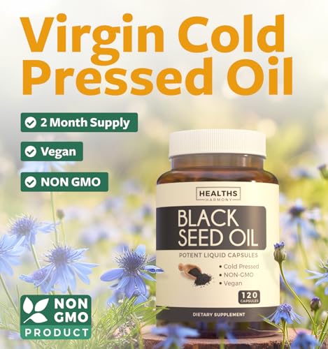 Black Seed Oil - 120 Softgel Capsules Skin Health (Non-GMO & Vegan) Cold-Pressed Nigella Sativa Producing Pure Black Cumin Seed Oil with Vitamin E - 500mg Each, 1000mg Per 2 Capsule Serving