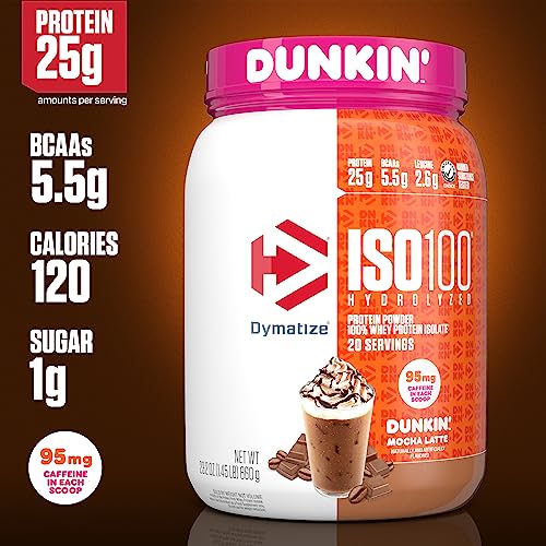 Dymatize ISO100 Hydrolyzed Protein Powder in Dunkin' Mocha Latte Flavor, 100% Whey Isolate Protein, 25g Protein, 95mg Caffeine, 5.5g BCAAs, Gluten Free, Fast Absorbing, Easy Digesting, 20 Servings