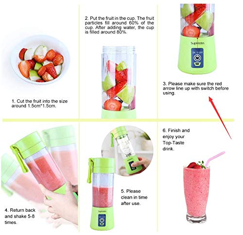 Portable, Personal Mixer Rechargeable with USB, Mini Blender for Smoothie, Fruit Juice, Milk Shakes, 380ml, Six 3D Blades for, 9.12x3.25x3.25 inch, Green