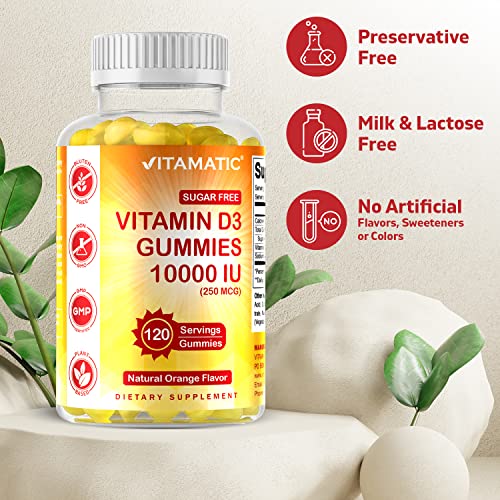 Vitamatic Sugar Free Vitamin D3 10000 IU - 120 Pectin Based Gummies - Great Taste - Healthy Bones, Mood & Immune System Function - Non-GMO - 120 Servings