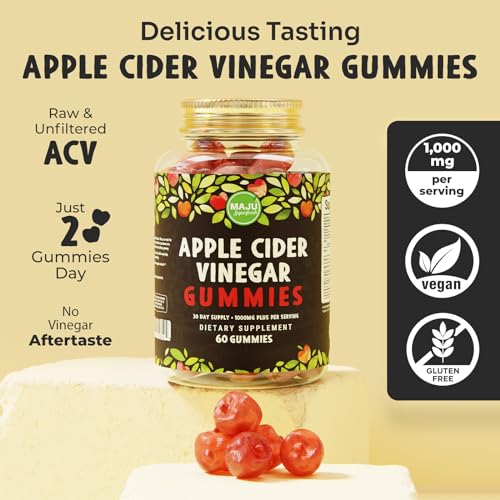 Apple Cider Vinegar Gummies with Acetic Acid - Weight Management & Detox - 2X Stronger (1000 mg) Raw, Unfiltered ACV, Gluten-Free, Chewable, Low Sugar Content, Vegan by MAJU