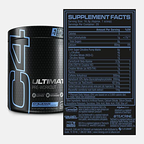 Cellucor C4 Ultimate Pre Workout Powder ICY Blue Razz - Sugar Free Preworkout Energy Supplement for Men & Women - 300mg Caffeine + 3.2g Beta Alanine + 2 Patented Creatines - 20 Servings