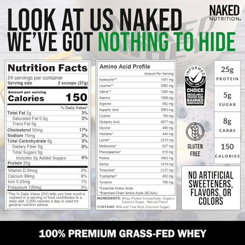 NAKED Whey Vanilla Protein Powder - Only 3 Ingredients - Grass Fed Whey Protein Powder, Vanilla Flavor, and Organic Coconut Sugar, No GMO, No Soy, and Gluten Free - 24 Servings