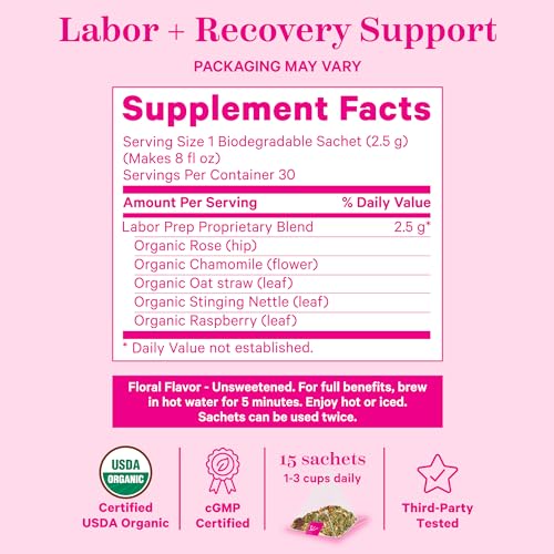 Pink Stork Organic Labor Prep Tea - Red Raspberry Leaf Tea with Chamomile and Rosehip, Pregnancy Must Haves, Postpartum Essentials, Third Trimester Pregnancy Tea - 15 Sachets