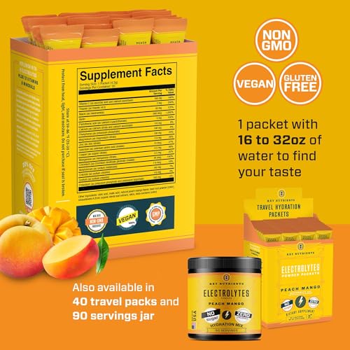 KEY NUTRIENTS Electrolytes Powder Packets - Tropical Peach Mango 20 Pack Hydration Packets - Travel Hydration Powder - No Sugar, No Calories, Gluten Free - Made in USA - Peach Mango